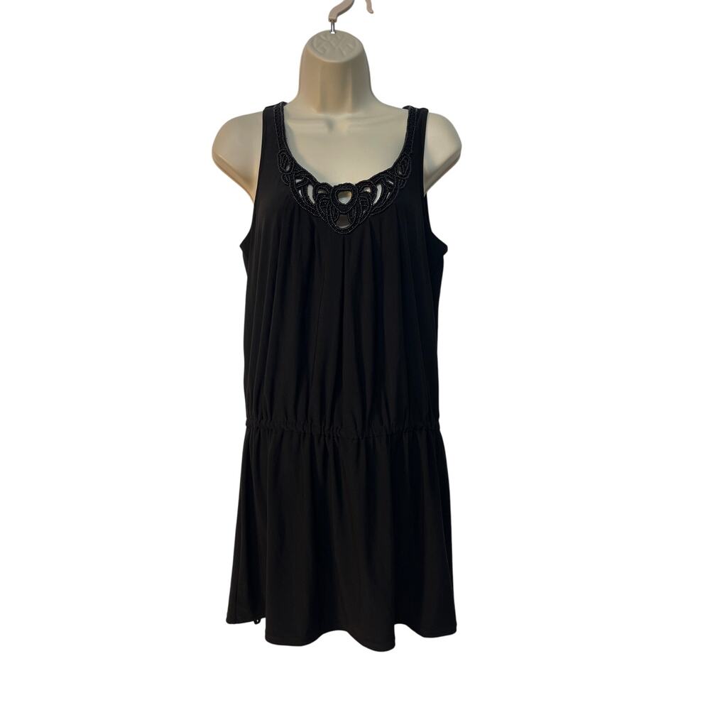 White House Black Market Black Beaded Neckline Drop Waist Dress Medium‎ 10-4561